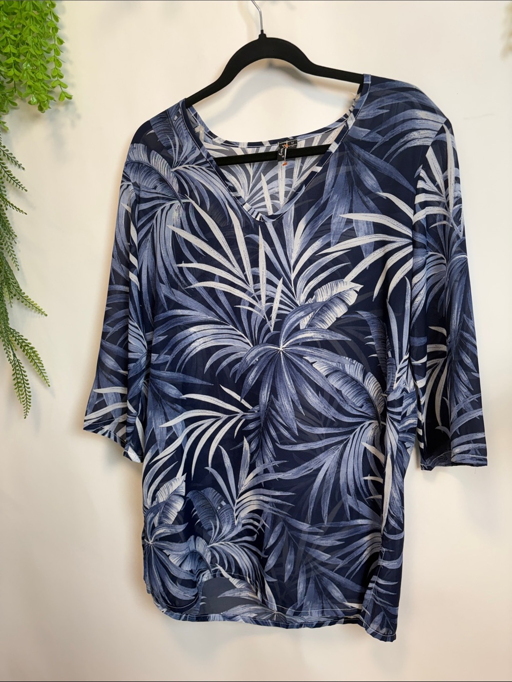 Navy Top with White Palm Print